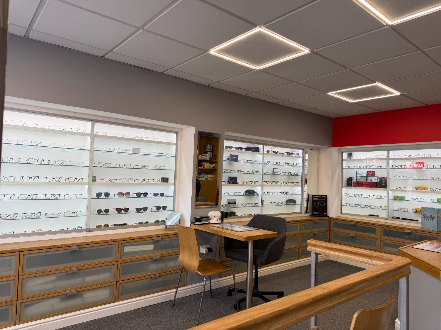 Inside Armley Opticians: designer frame displays and consultation area